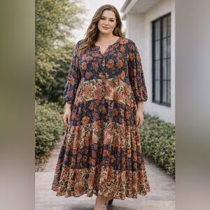 Kachel Anthro Floral Tiered Maxi Plus Size Boho Long Sleeve Dress Sz 24W EUC